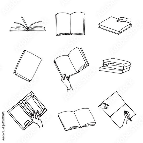Fototapeta Set of books. Black and white doodle illustration. A set of books from different angles. Book in hand. Notes in a notebook.