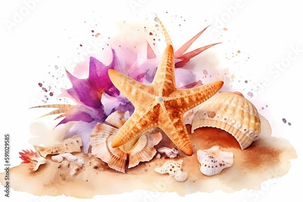 Fototapeta Starfish and shells on the beach. Watercolor. AI generation
