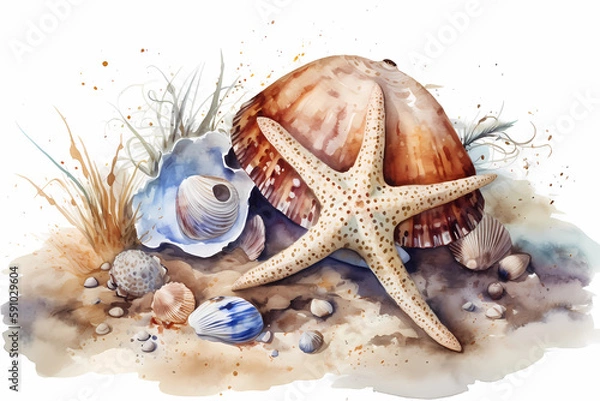 Fototapeta Starfish and shells on the beach. Watercolor. AI generation