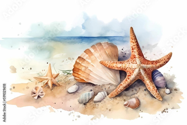 Fototapeta Starfish and shells on the beach. Watercolor. AI generation