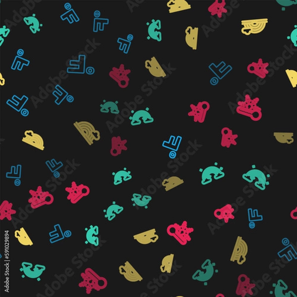 Fototapeta Set line Fahrenheit, Rainbow with clouds, and Thermometer snowflake on seamless pattern. Vector