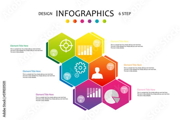 Fototapeta Infographic business horizontal timeline process chart template. Vector modern banner used for presentation and workflow layout diagram, web design. Abstract elements of graph 6 steps options.