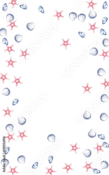 Fototapeta Navy Oyster Background White Vector. Scallop Pretty Graphic. Creature Pattern. Sandstone Shellfish Aquatic Design.