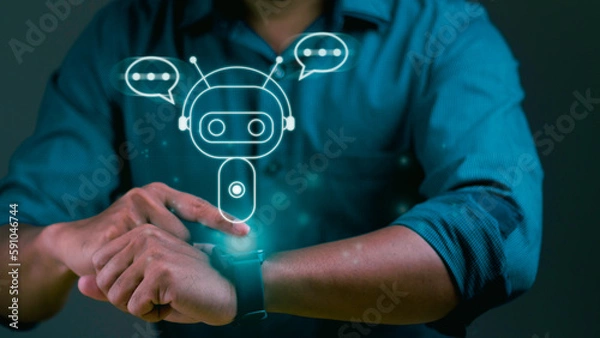 Fototapeta Businessman  is touching smart watch with digital chatbot on virtual screen.