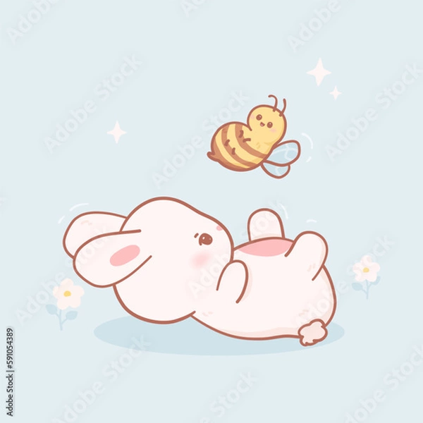 Fototapeta Kawaii bunny playing with bee. Vector Illustration of cute animals in pastel colors and cartoon style