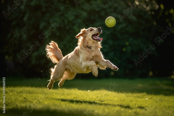 Fototapeta Golden retriever dog jumping happily in the air catching a ball - Generative AI