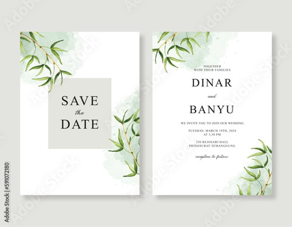 Obraz Minimalistic wedding invitation with watercolor leaves