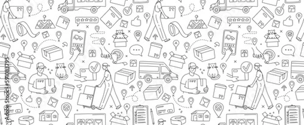 Fototapeta Online service for moving. Moving to a new house. Packing in boxes and delivery by car, van, truck.