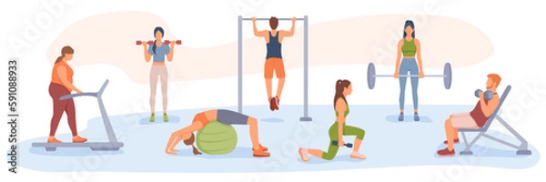 Fototapeta Set of different cartoon characters of young people doing sports. Boosting confidence with sports and workouts. Regular physical activity. Time to loss weight. Vector