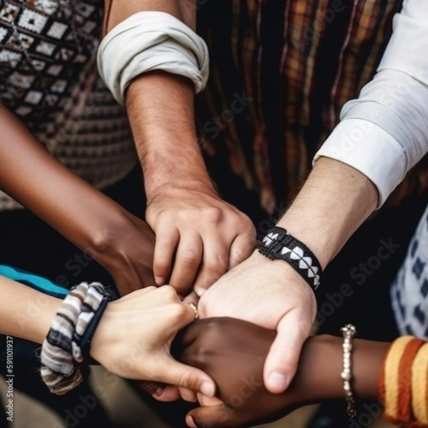 Fototapeta Celebrating Diversity: Multi-Ethnic Group Unites with Handshakes, Generative AI