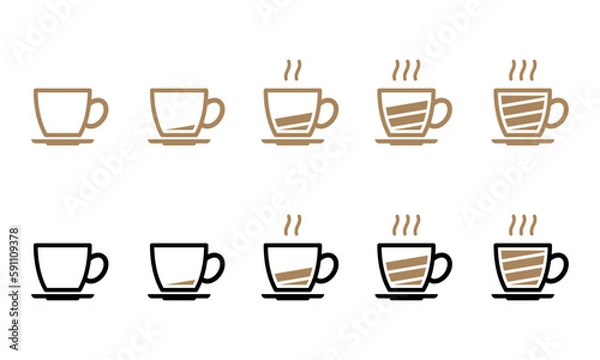 Fototapeta Battery level indicator in black and brown line and colored outline coffee cup on dish vector icon set