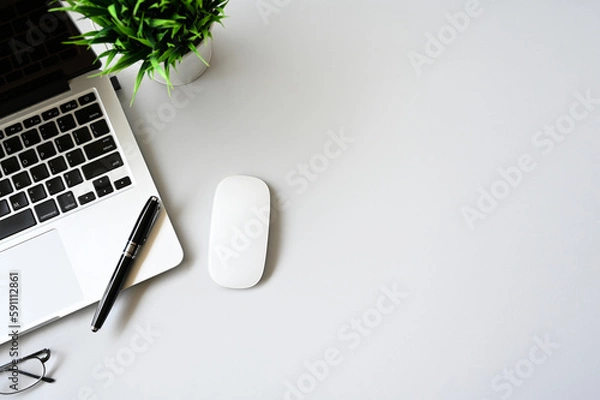 Fototapeta Office table with keyboard,mouse and cactus, copy space,Top view, flat lay