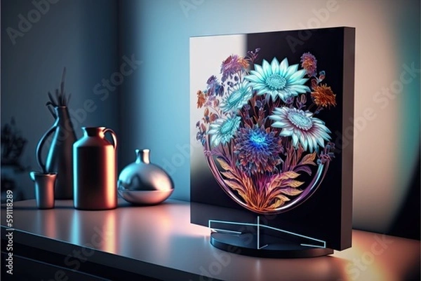 Fototapeta Beautiful three-dimensional vase flowers hologram on table in modern room, created with generative ai