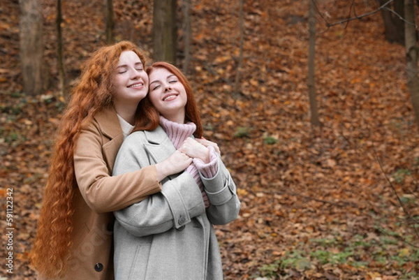 Obraz Portrait of beautiful young redhead sisters in park on autumn day. Space for text