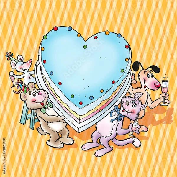 Obraz valentine greeting card with heart, mouse, bear, cat and dog