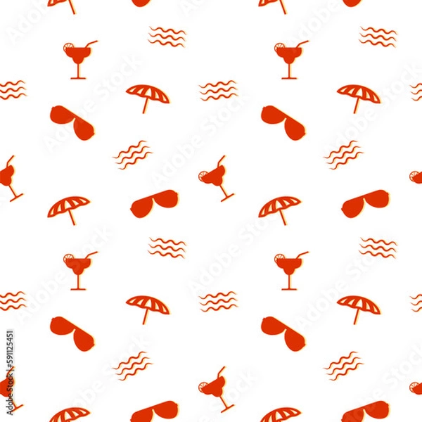 Obraz Summer seamless vector pattern with glasses, waves, cocktails, and parasols in orange and red color.