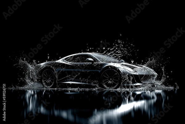 Fototapeta Sport luxury car in water splash on isolated black studio background. Generative AI