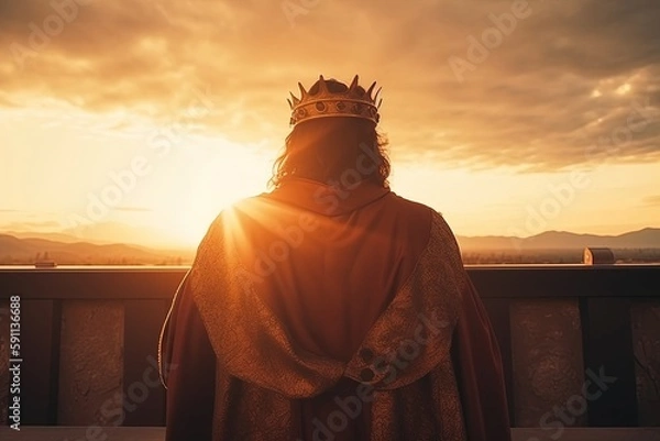 Fototapeta Silhouette of a king in a crown against the backdrop of the sunset. Generative AI