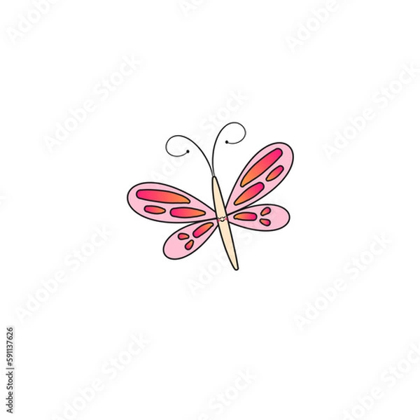 Obraz illustrated happy cartoon character pink dragonfly with smiling face isolated on a transparent background