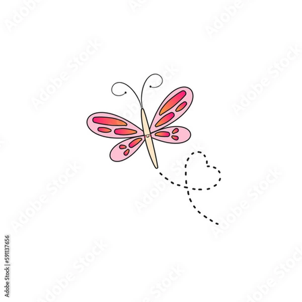 Obraz pink dragonfly cartoon charater with happy smiling face and heart trail illustration isolated on a transparent bakground