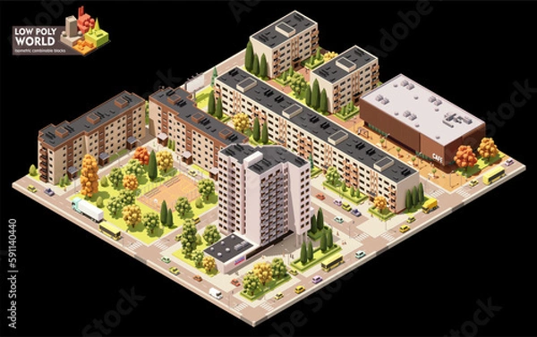 Obraz Vector isometric world map creation set. Combinable map elements. Town or city residential area map. Multi storey buildings and streets
