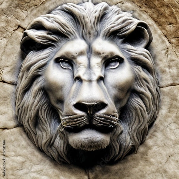 Fototapeta Lion's head - relief of a lion's face with a mane in stone design ai Generated, generative AI, CGI graphics