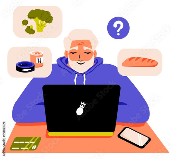 Obraz Elderly man chooses products online. Internet shopping at computer. Ordering goods, paying for purchase with credit card on the website. Old man with laptop sitting at desk. Vector.