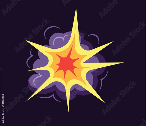 Fototapeta Concept Boom explosion clouds. This is a flat, cartoon-style illustration depicting an explosion or "boom" against a dark background. Vector illustration.