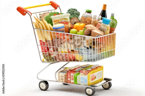 Fototapeta Supermarket shopping cart full with grocery products on white background. Generative AI