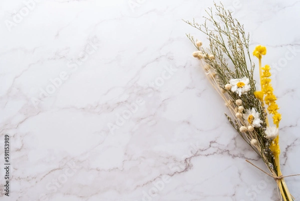Fototapeta カモミールのドライスワッグと大理石の背景素材