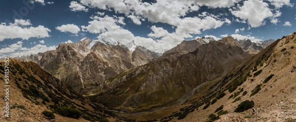 Fototapeta A panoramic view of the peaks of the Turkestan Range across the beautiful valley of the Kashka-suu River in Kyrgyzstan.