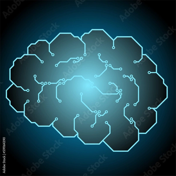 Fototapeta Brain artificial intelligence vector illustration. Glowing blue brain shape of circuit. System artificial brain for graphic resource of technology, futuristic, computer, cyber and science