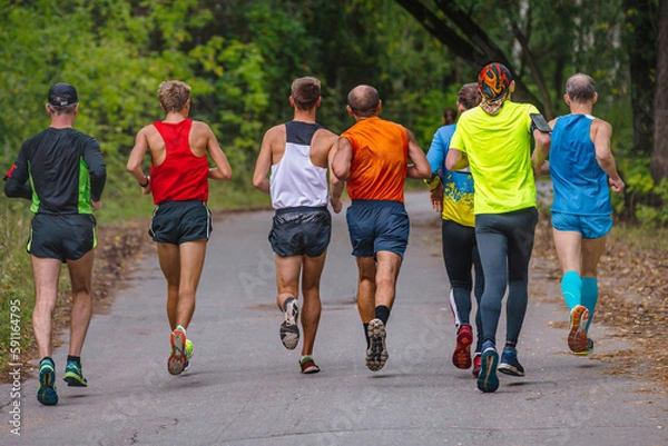 Fototapeta small group male runners run sports race on road in park, autumn marathon, fallen yellow leaves on ground