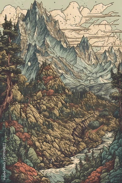 Fototapeta retro mountain art hand drawn digital art insanely intricate - AI Generated