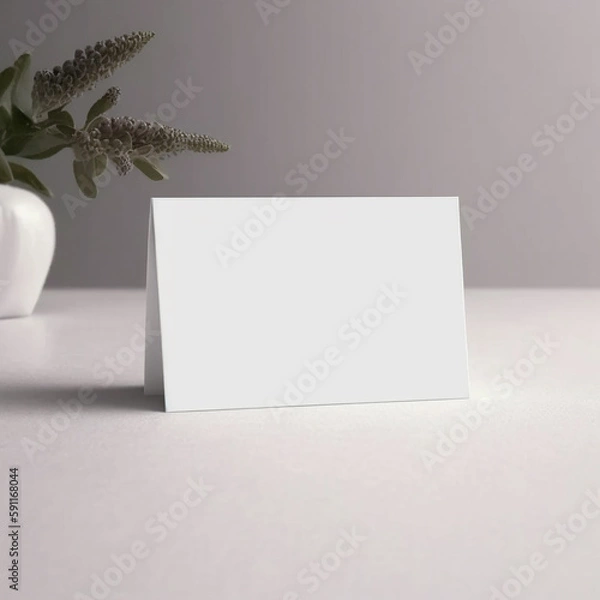 Obraz Minimalist horizontal white blank of paper mockup on table with plant. Simple empty folded card for guest place card template. Generative AI