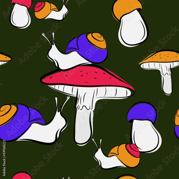 Obraz Forest seamless pattern. Snail, mushroom and toadstool. Graphic design for children with a nature theme. Prints, packaging template, textiles, bedding and wallpaper.
