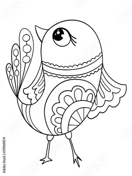 Obraz bird contour doodle coloring book for children sketch with patterns fantasy illustration stroke isolated on white background vector