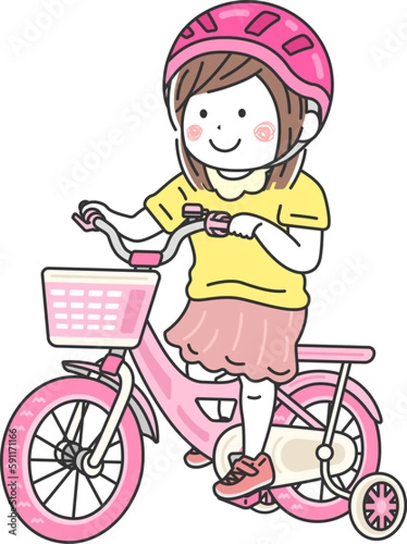 Fototapeta 補助輪付きの、ピンク色の自転車に乗った、女の子のイラスト