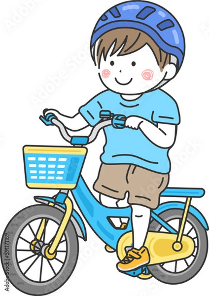 Fototapeta キッズ用の、水色の自転車に乗った、男の子のイラスト