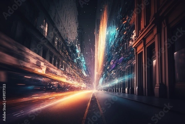 Obraz Realistic city street with chaotically moving strips of light. Light trails. Generative AI