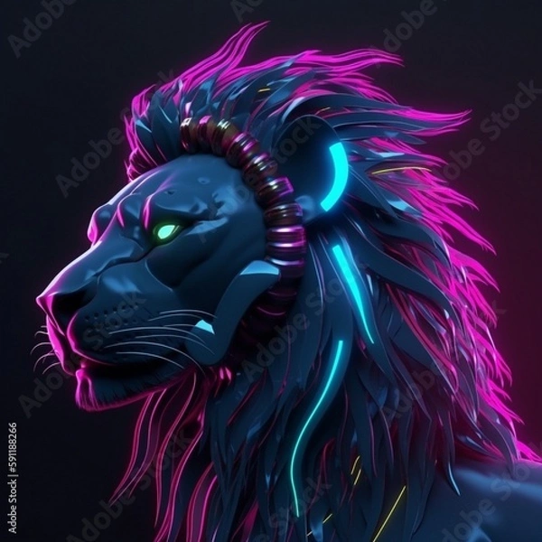Fototapeta synthwave_black_lion_with_glowing_