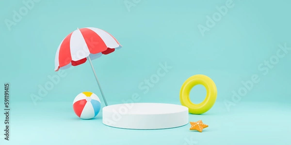 Fototapeta 3D Rendering Summer product display stage for presentation illustration. Beach umbrella with swim ring on aqua blue background