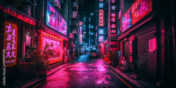 Fototapeta Japan City by Night, Anime and Manga drawing illustration, city ​​views, magenta, purple, neon, Generative AI