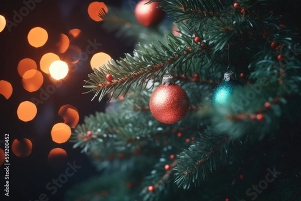 Obraz Close up view of beautiful fir branches with shiny colorful bauble or ball, xmas ornaments and lights, christmas holidays background. Generative Ai.