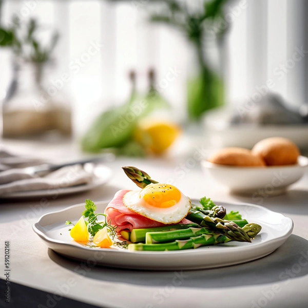 Fototapeta asparagus with fried egg and ham lying on a white plate next to a bottle of white wine. AI generativ