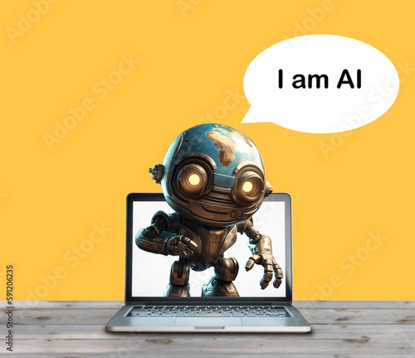 Fototapeta The robot talking to from laptop 