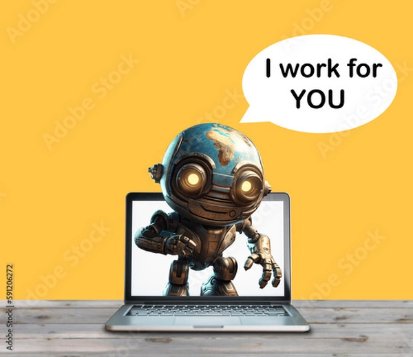Fototapeta The robot talking to from laptop 