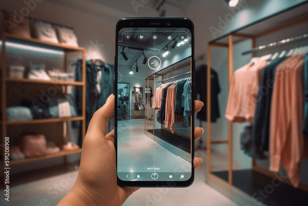 Fototapeta GENERATIVE AI Augmented reality technology in a retail store