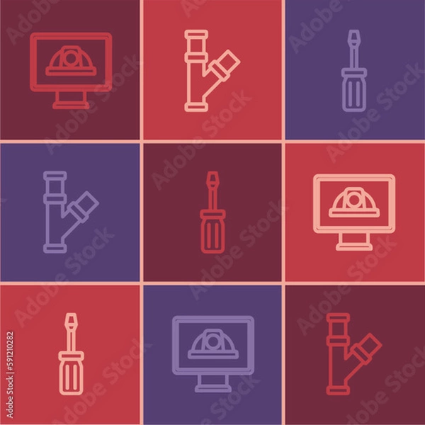 Fototapeta Set line Worker safety helmet, Screwdriver and Industry metallic pipe icon. Vector