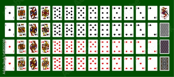 Obraz Full set of playing cards with Joker and back sides on green background. Original design. Vector illustration